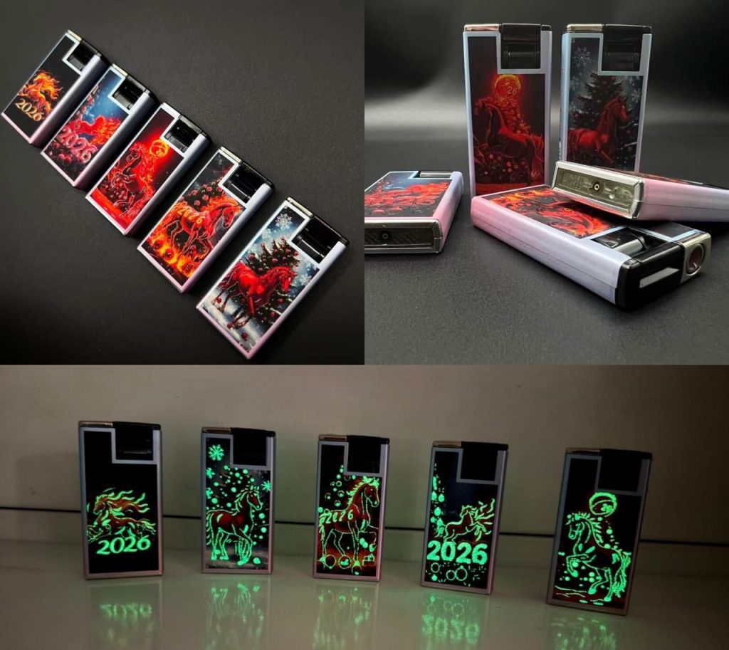 Новогодние зажигалки автоген 2026-Год Красной Огненной Лошади с фосфорной подсветкой